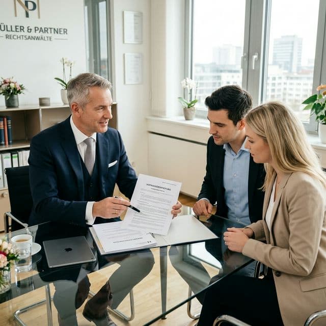 Ein seriöser Anwalt im Anzug erklärt einem Paar ein Dokument