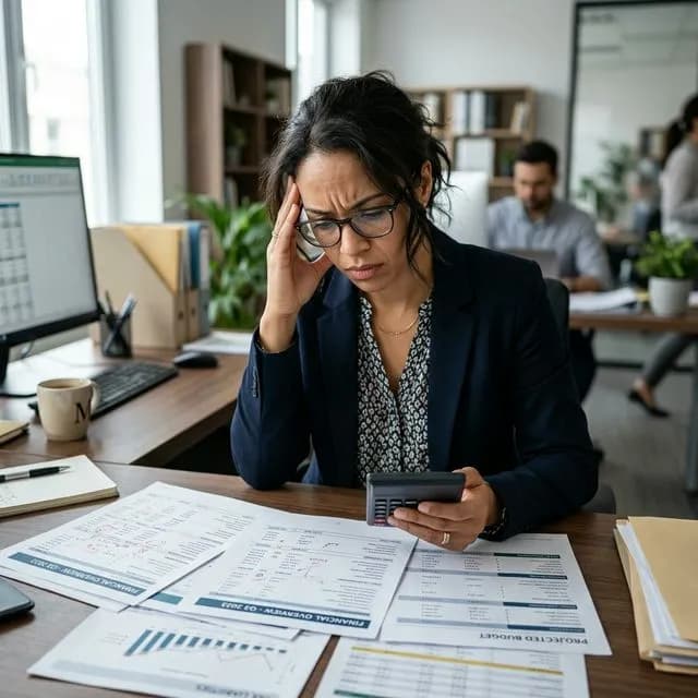 Eine nachdenkliche Person sitzt an einem modernen Schreibtisch mit Taschenrechner und prüft realistische Finanzdokumente
